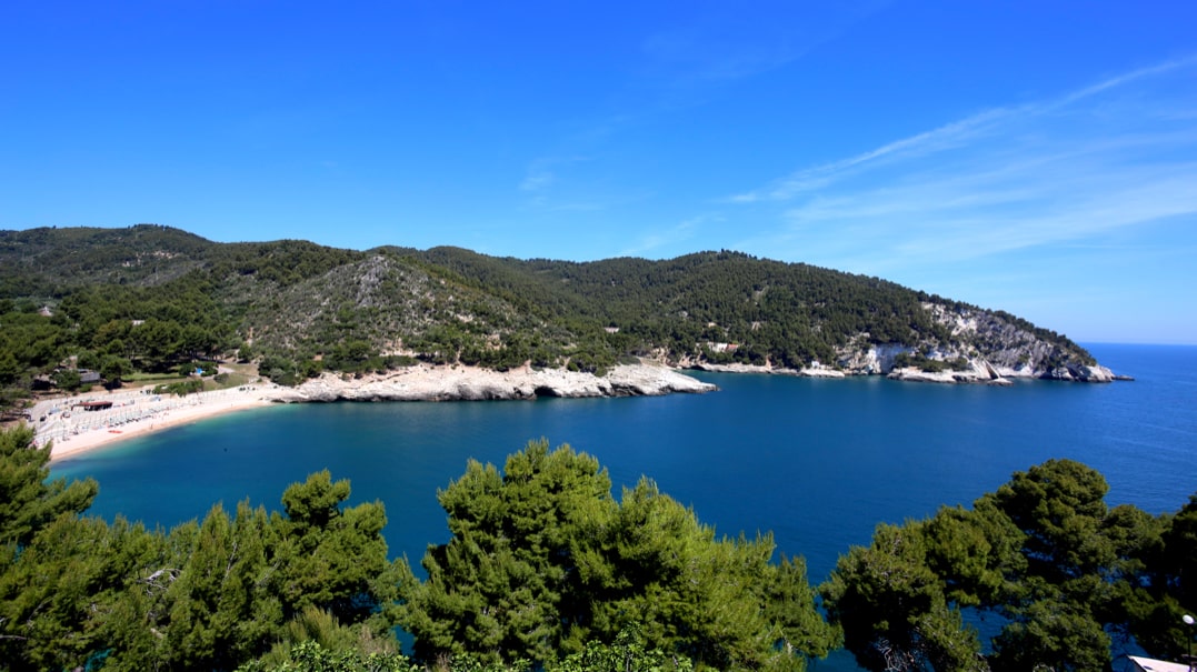 La baia di Pugnochiuso tra il mare del Gargano e la pineta